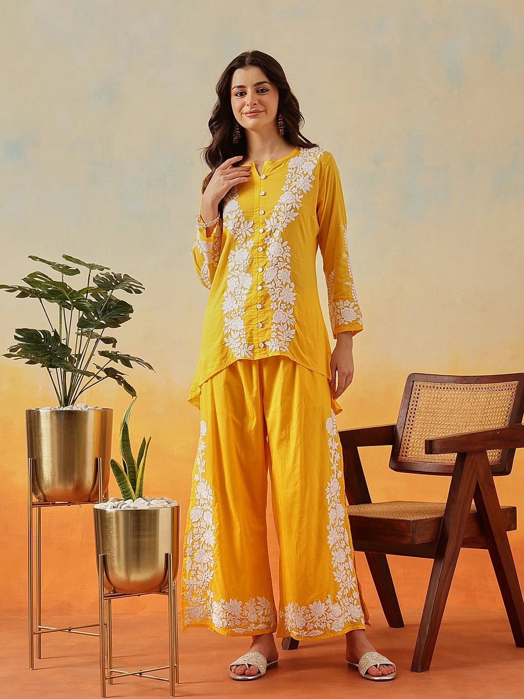 Ada Hand Embroidered Yellow Cotton Lucknowi Chikankari Co-Ord Set A811343