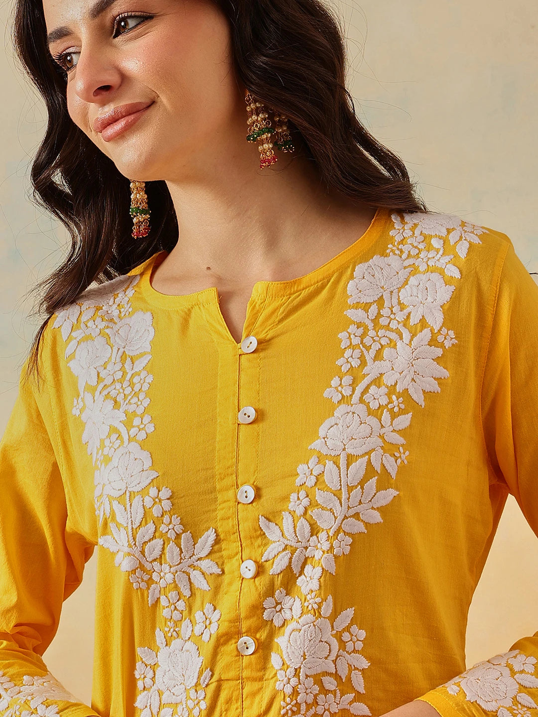 Ada Hand Embroidered Yellow Cotton Lucknowi Chikankari Co-Ord Set A811343