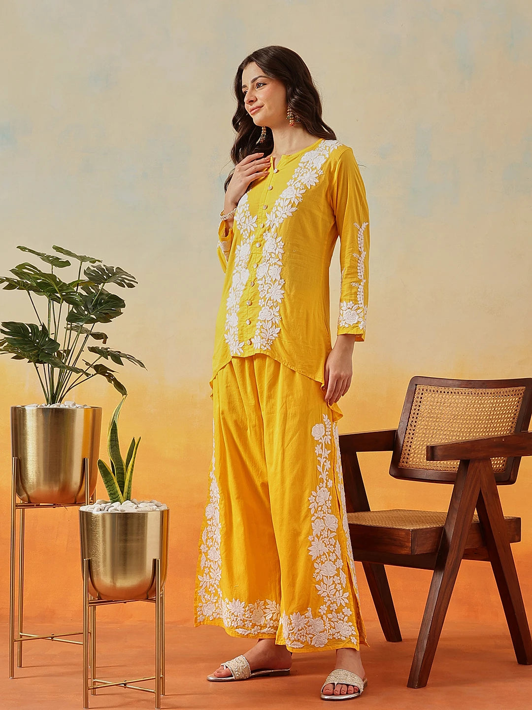 Ada Hand Embroidered Yellow Cotton Lucknowi Chikankari Co-Ord Set A811343