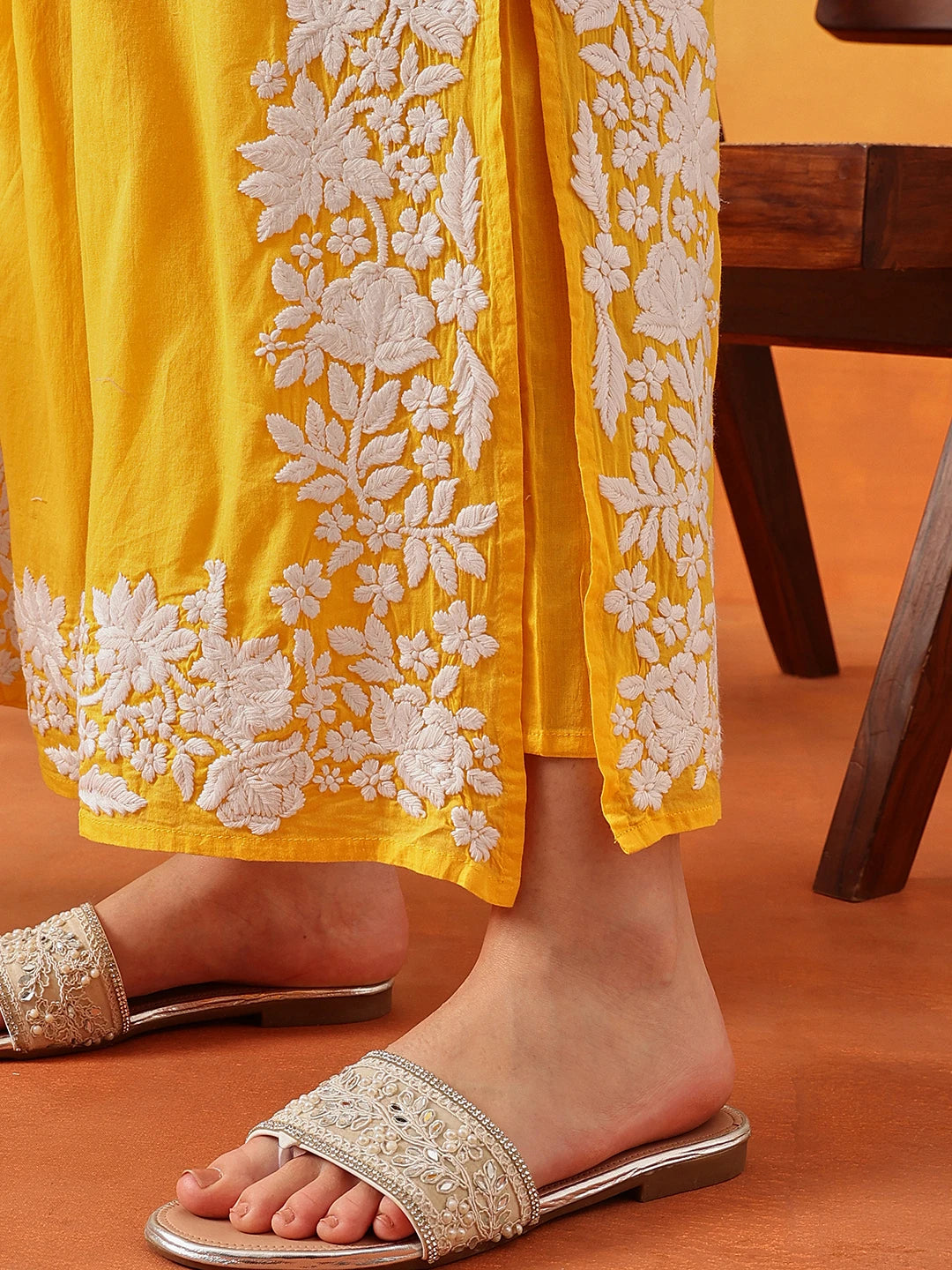 Ada Hand Embroidered Yellow Cotton Lucknowi Chikankari Co-Ord Set A811343