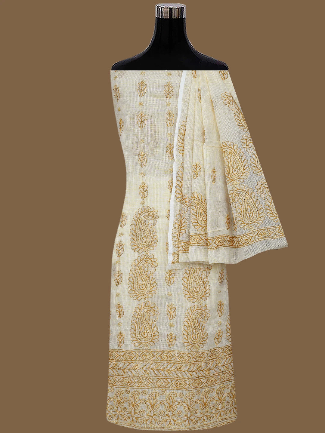 Ada Hand Embroidered Fawn Kota Lucknowi Chikankari Unstitched Suit Piece 01A831725