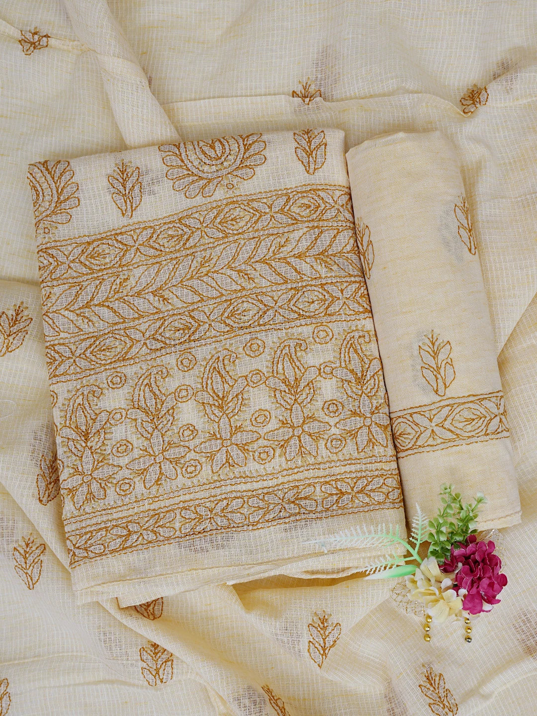 Ada Hand Embroidered Fawn Kota Lucknowi Chikankari Unstitched Suit Piece 01A831725