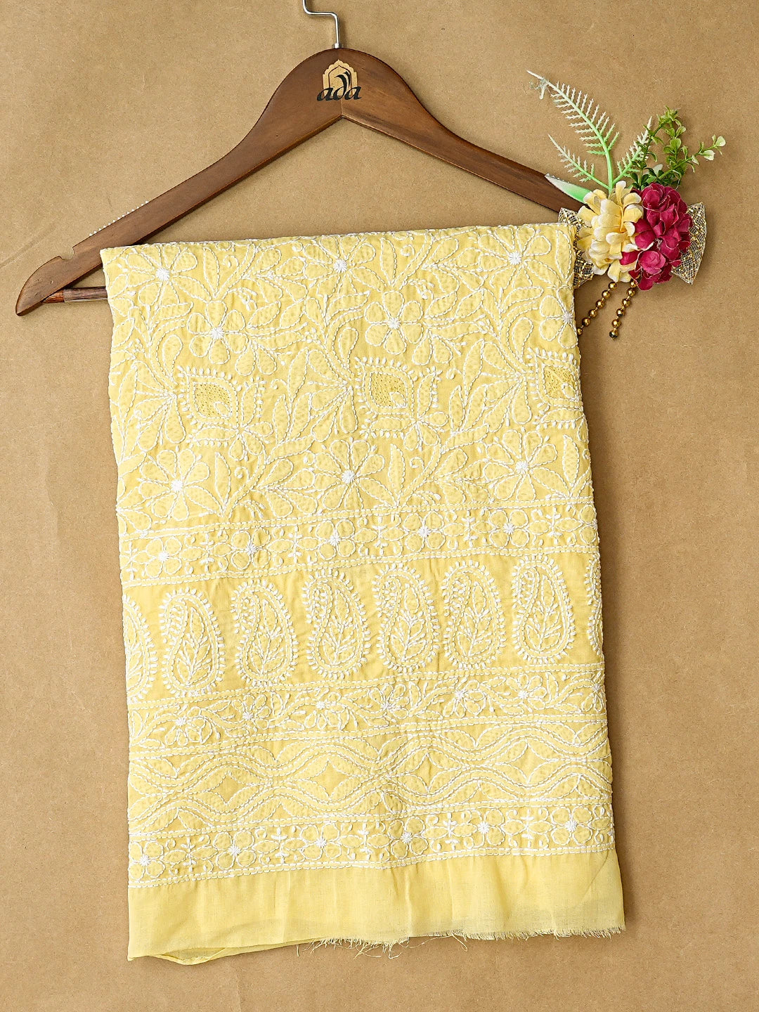 Ada Hand Embroidered Yellow Cotton Lucknowi Chikankari Unstitched Kurta Piece 01A829654