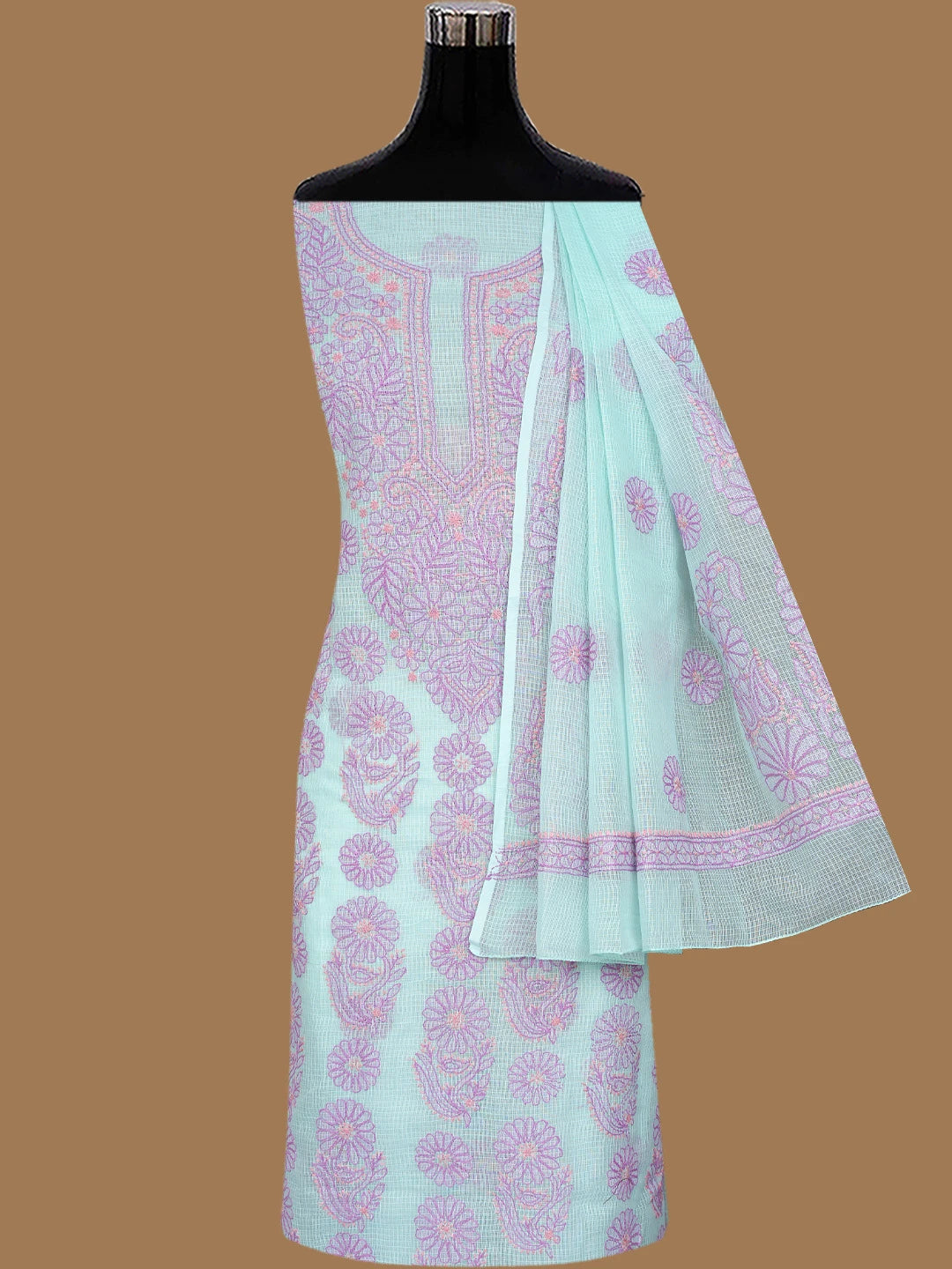 Ada Hand Embroidered Sea Green Kota Lucknowi Chikankari Unstitched Kurta Dupatta Set 01A581945