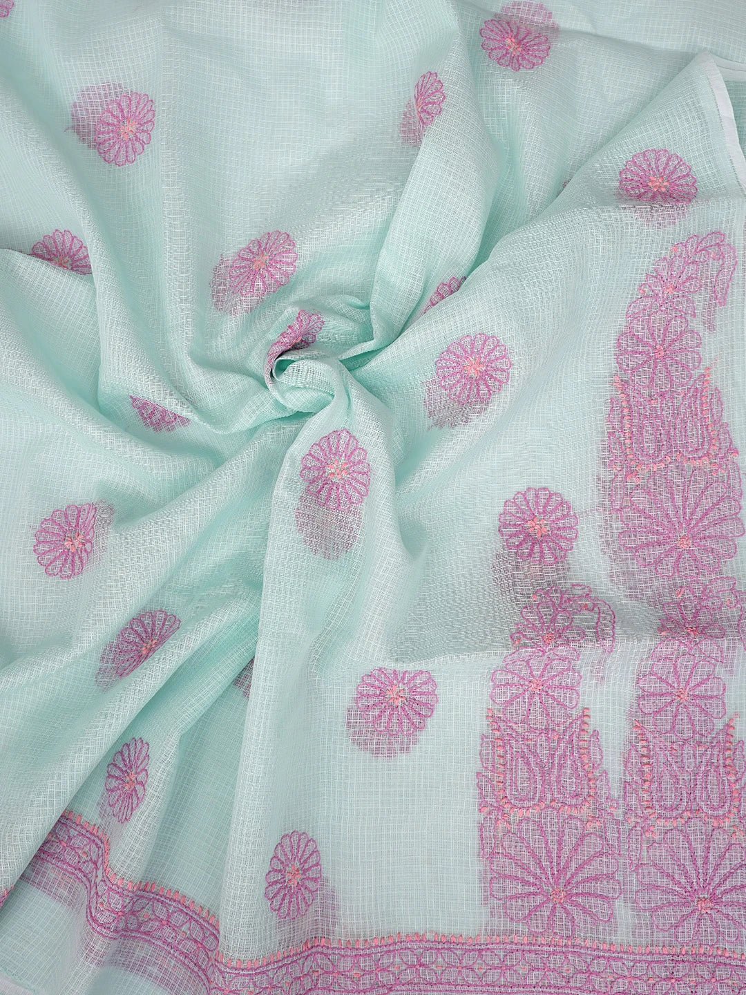 Ada Hand Embroidered Sea Green Kota Lucknowi Chikankari Unstitched Kurta Dupatta Set 01A581945