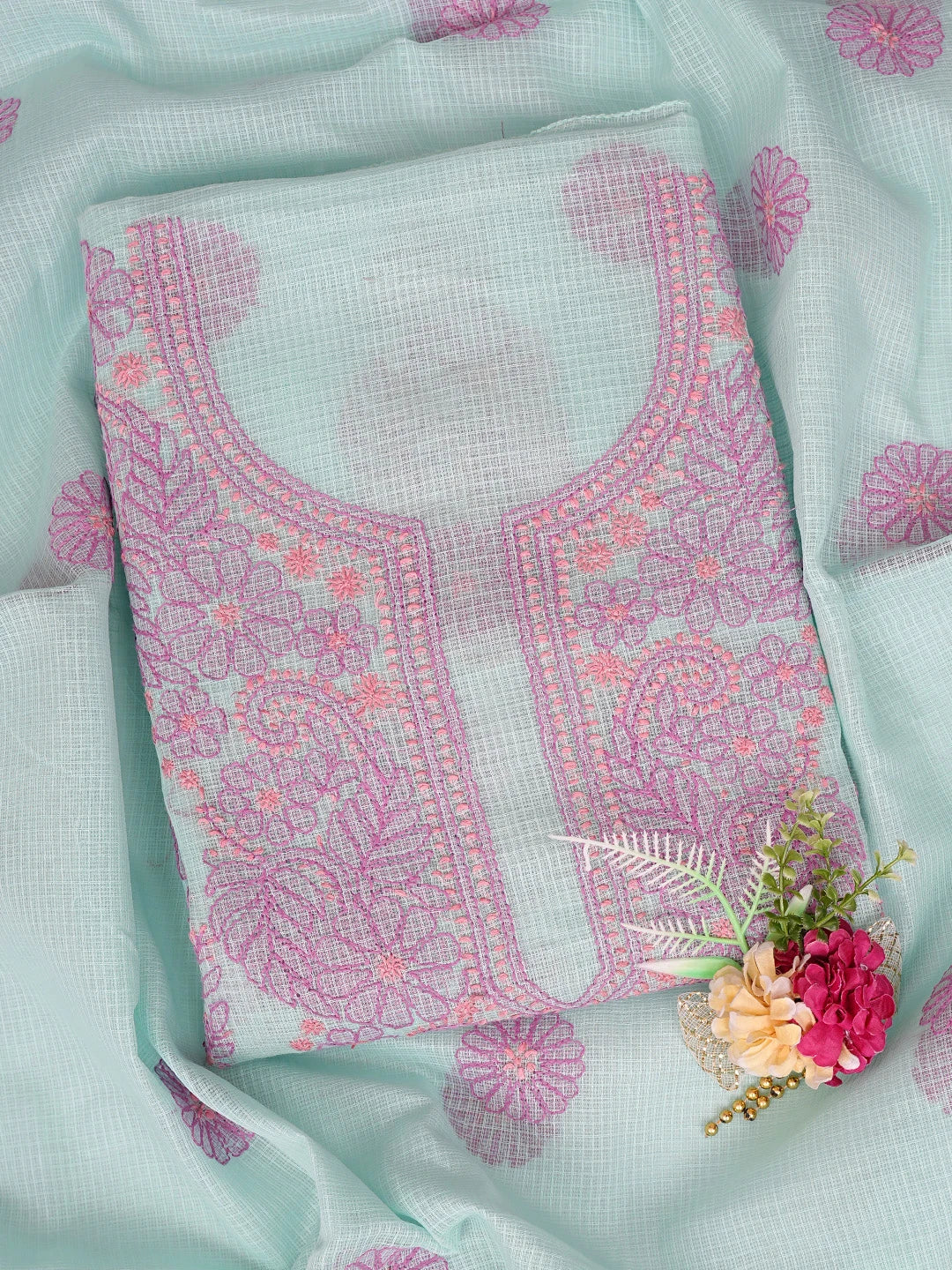 Ada Hand Embroidered Sea Green Kota Lucknowi Chikankari Unstitched Kurta Dupatta Set 01A581945