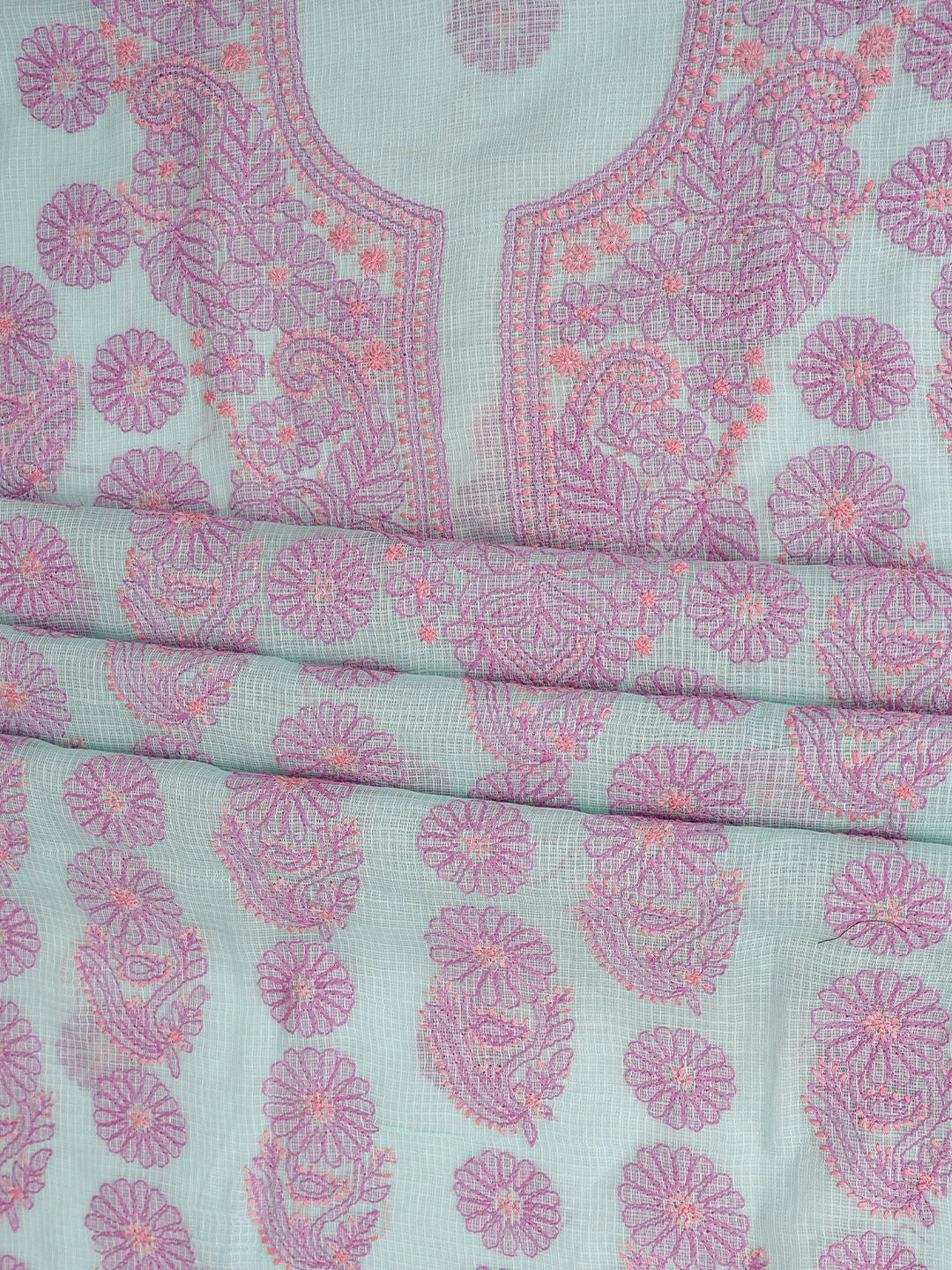 Ada Hand Embroidered Sea Green Kota Lucknowi Chikankari Unstitched Kurta Dupatta Set 01A581945