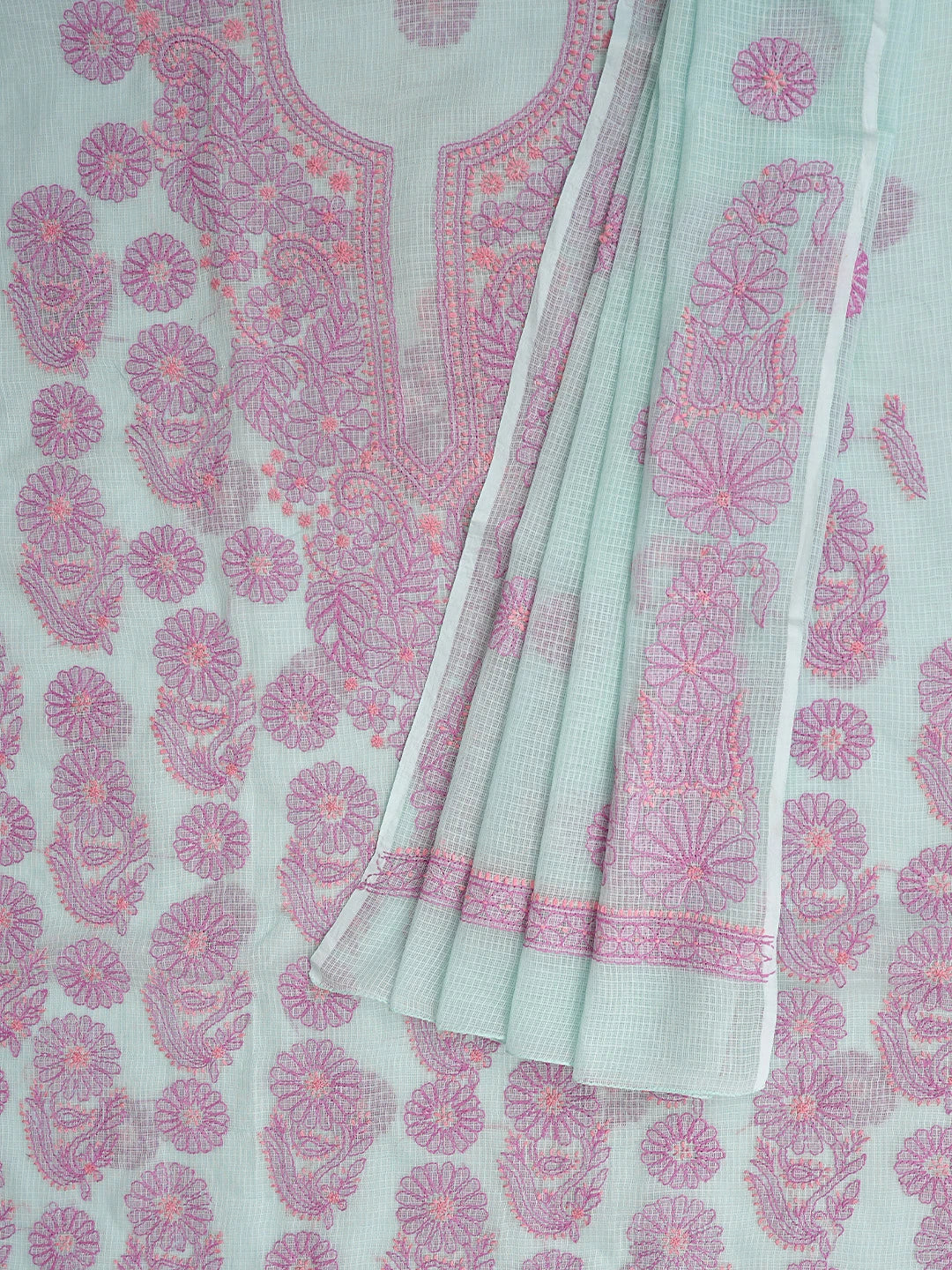 Ada Hand Embroidered Sea Green Kota Lucknowi Chikankari Unstitched Kurta Dupatta Set 01A581945