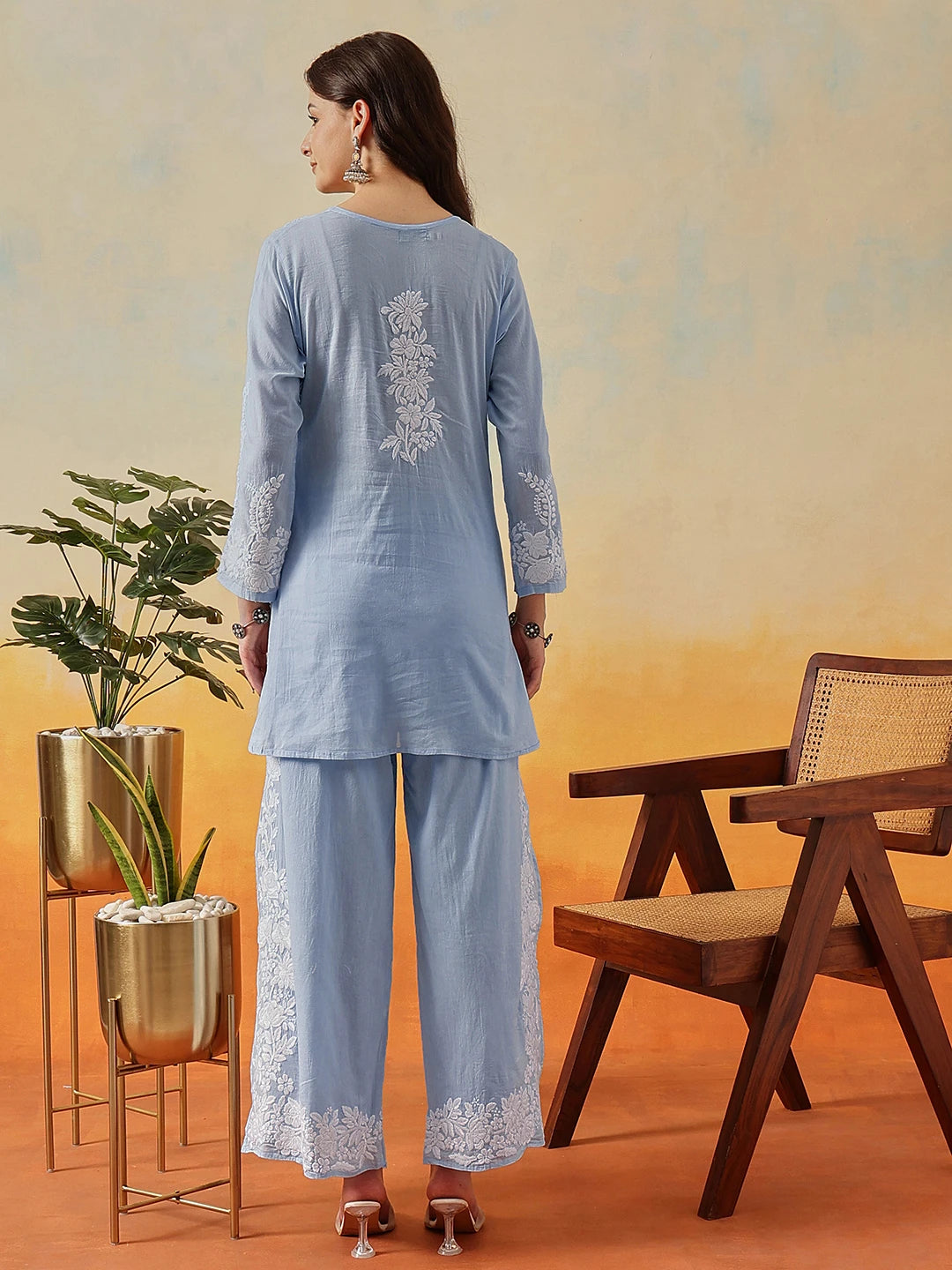 Ada Hand Embroidered Pastel Blue Cotton Lucknowi Chikankari Co-Ord Set A811342