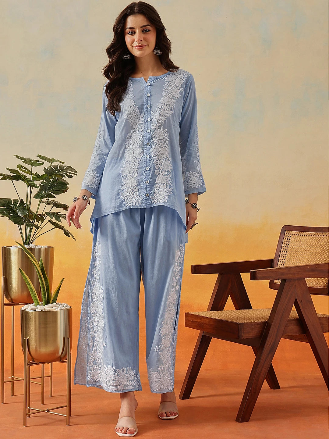Ada Hand Embroidered Pastel Blue Cotton Lucknowi Chikankari Co-Ord Set A811342