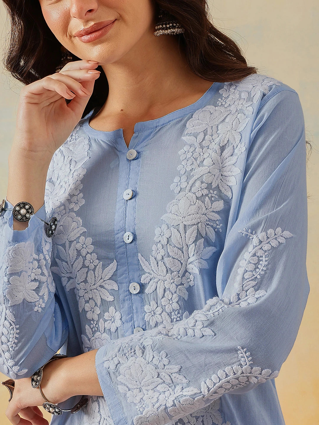 Ada Hand Embroidered Pastel Blue Cotton Lucknowi Chikankari Co-Ord Set A811342