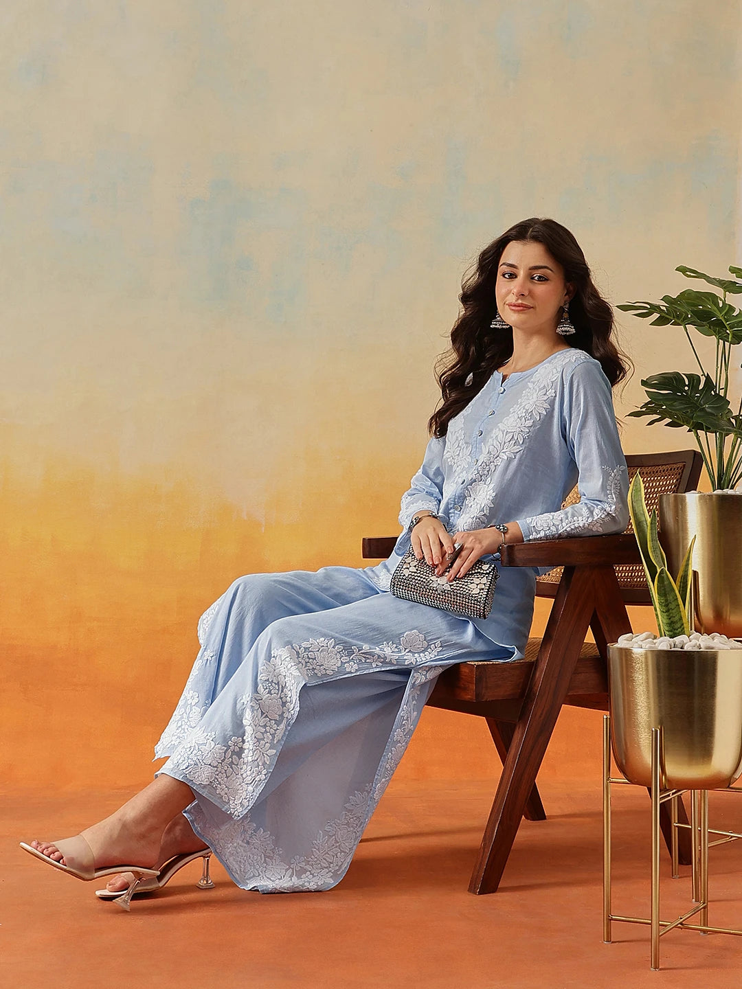Ada Hand Embroidered Pastel Blue Cotton Lucknowi Chikankari Co-Ord Set A811342