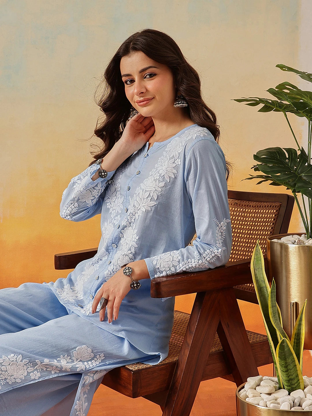 Ada Hand Embroidered Pastel Blue Cotton Lucknowi Chikankari Co-Ord Set A811342