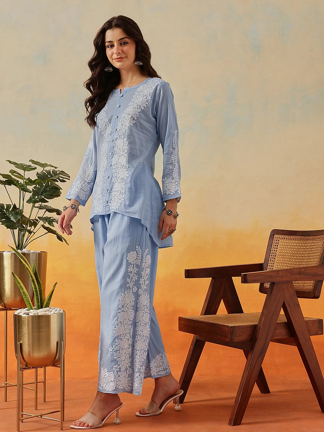 Ada Hand Embroidered Pastel Blue Cotton Lucknowi Chikankari Co-Ord Set A811342