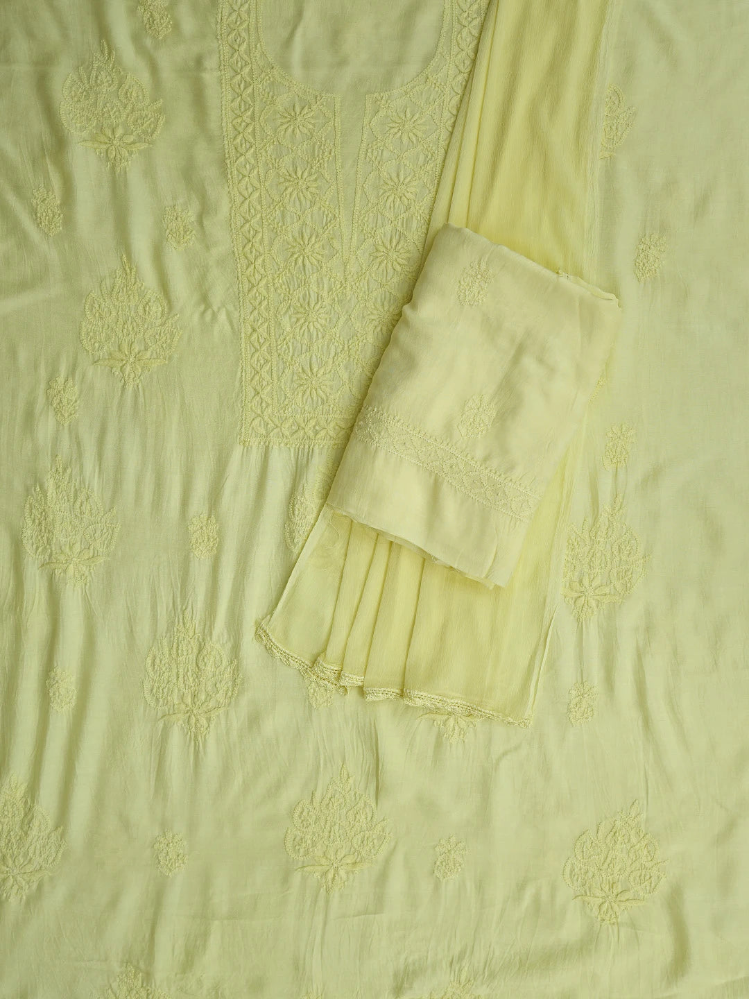 Ada Hand Embroidered Lemon Muslin Lucknowi Chikankari Unstitched Suit Piece 01A773428