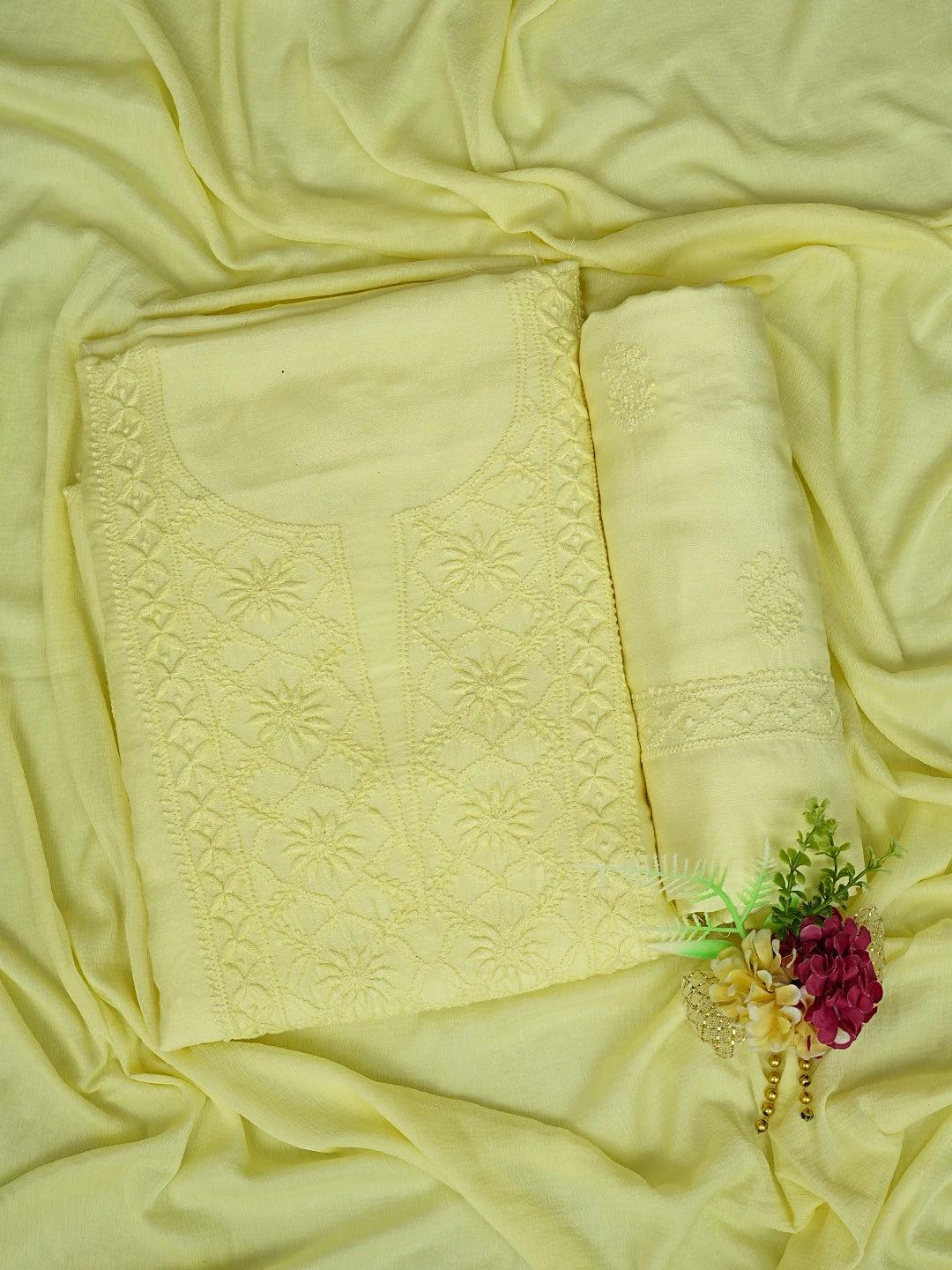 Ada Hand Embroidered Lemon Muslin Lucknowi Chikankari Unstitched Suit Piece 01A773428
