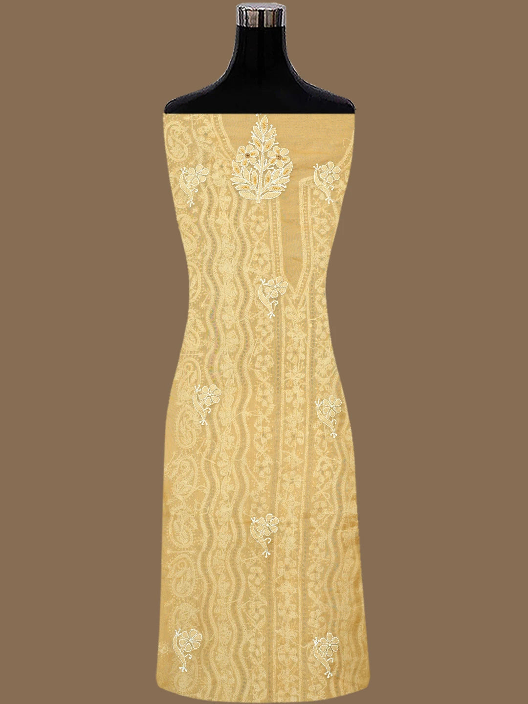 Ada Hand Embroidered Fawn Organza Lucknowi Chikankari Unstitched Kurta Dupatta Set With Cutdana Work 01A737321