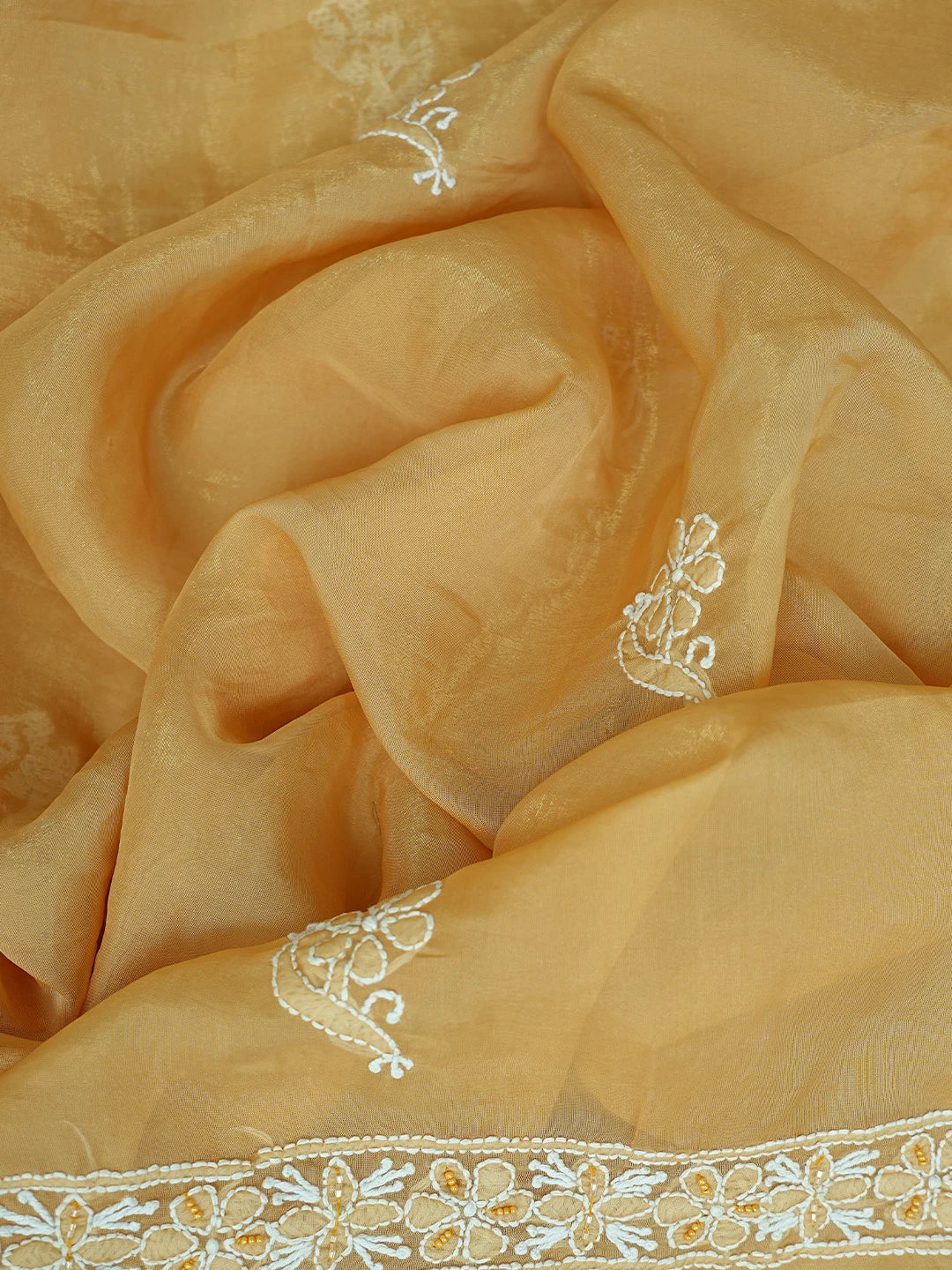 Ada Hand Embroidered Fawn Organza Lucknowi Chikankari Unstitched Kurta Dupatta Set With Cutdana Work 01A737321