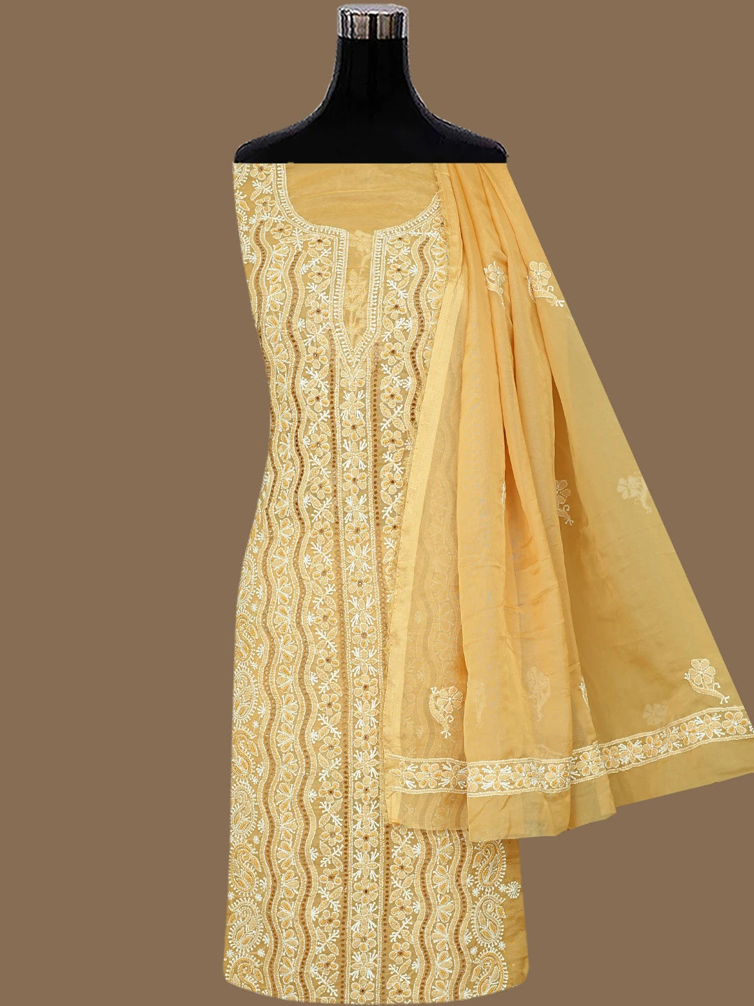 Ada Hand Embroidered Fawn Organza Lucknowi Chikankari Unstitched Kurta Dupatta Set With Cutdana Work 01A737321