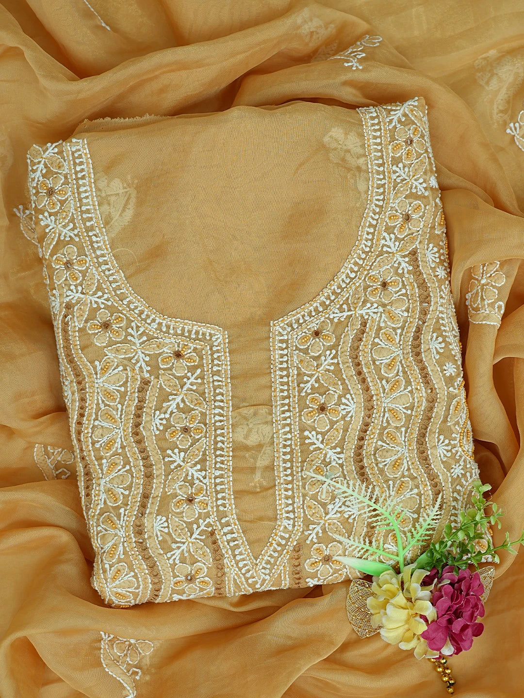 Ada Hand Embroidered Fawn Organza Lucknowi Chikankari Unstitched Kurta Dupatta Set With Cutdana Work 01A737321