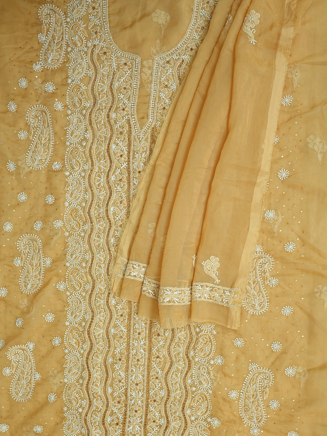 Ada Hand Embroidered Fawn Organza Lucknowi Chikankari Unstitched Kurta Dupatta Set With Cutdana Work 01A737321