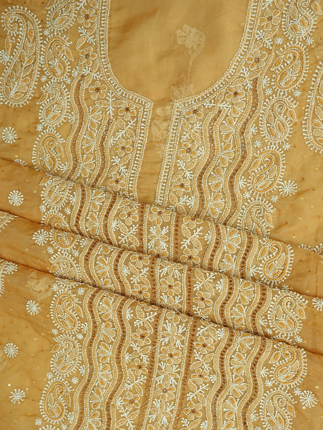 Ada Hand Embroidered Fawn Organza Lucknowi Chikankari Unstitched Kurta Dupatta Set With Cutdana Work 01A737321