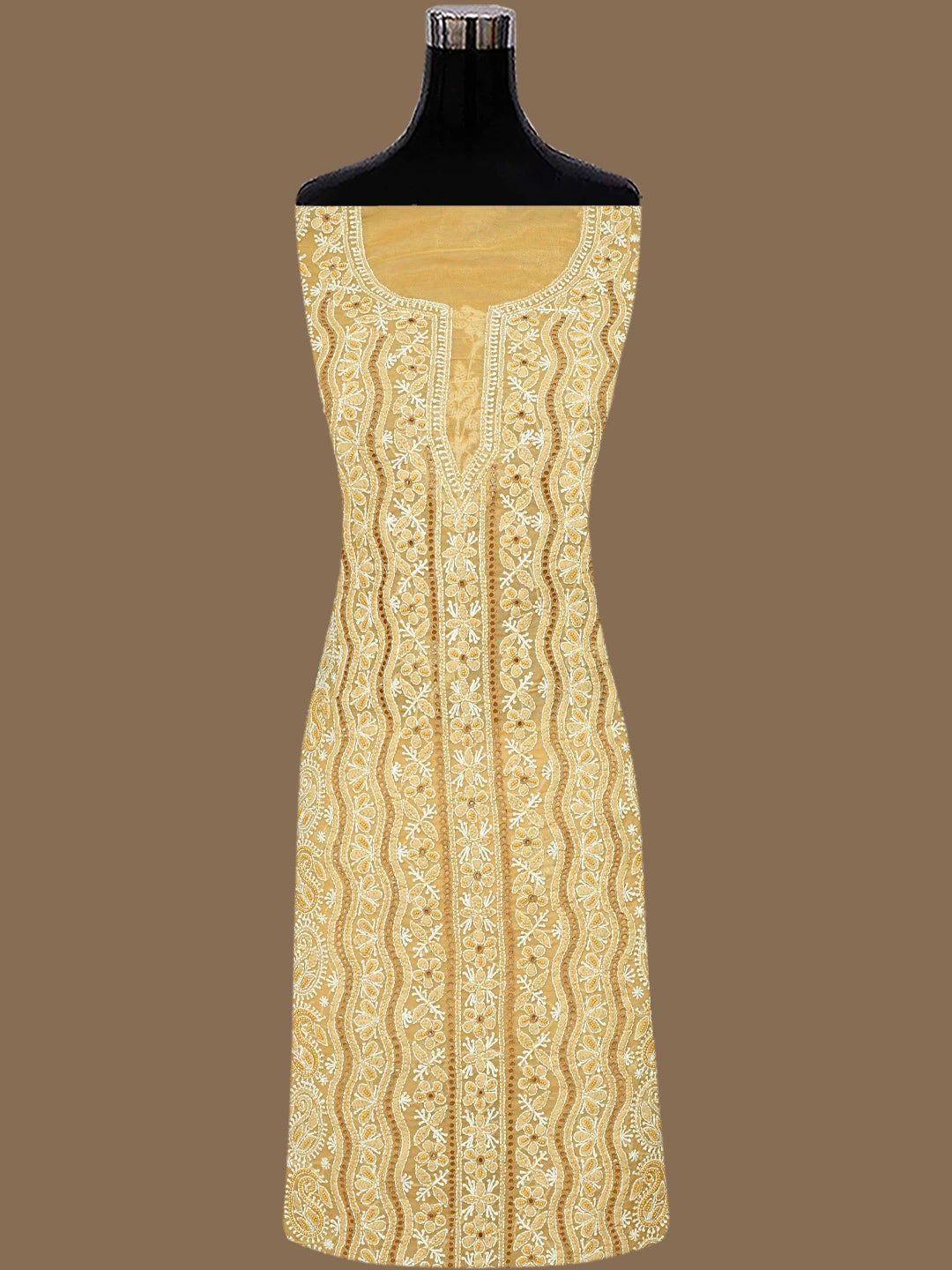 Ada Hand Embroidered Fawn Organza Lucknowi Chikankari Unstitched Kurta Dupatta Set With Cutdana Work 01A737321