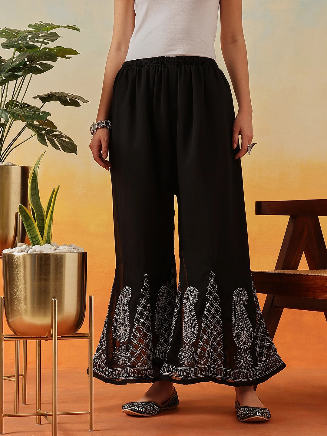 Ada Hand Embroidered Black Georgette Lucknowi Chikankari Palazzo A711197