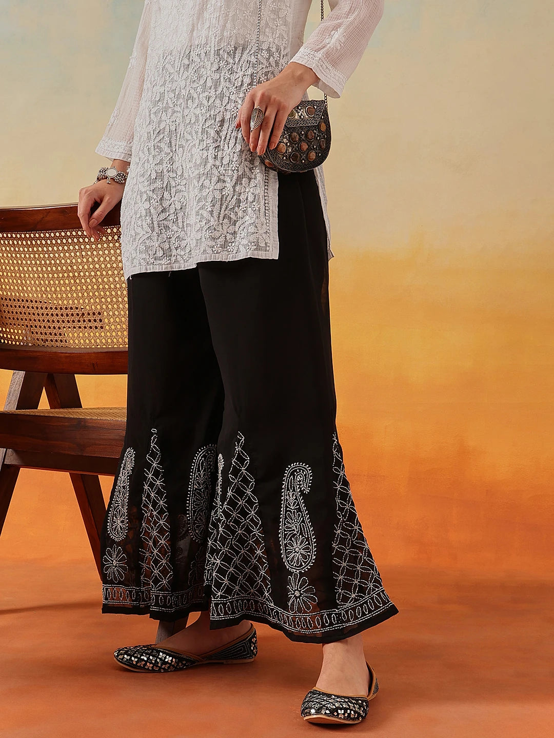 Ada Hand Embroidered Black Georgette Lucknowi Chikankari Palazzo A711197
