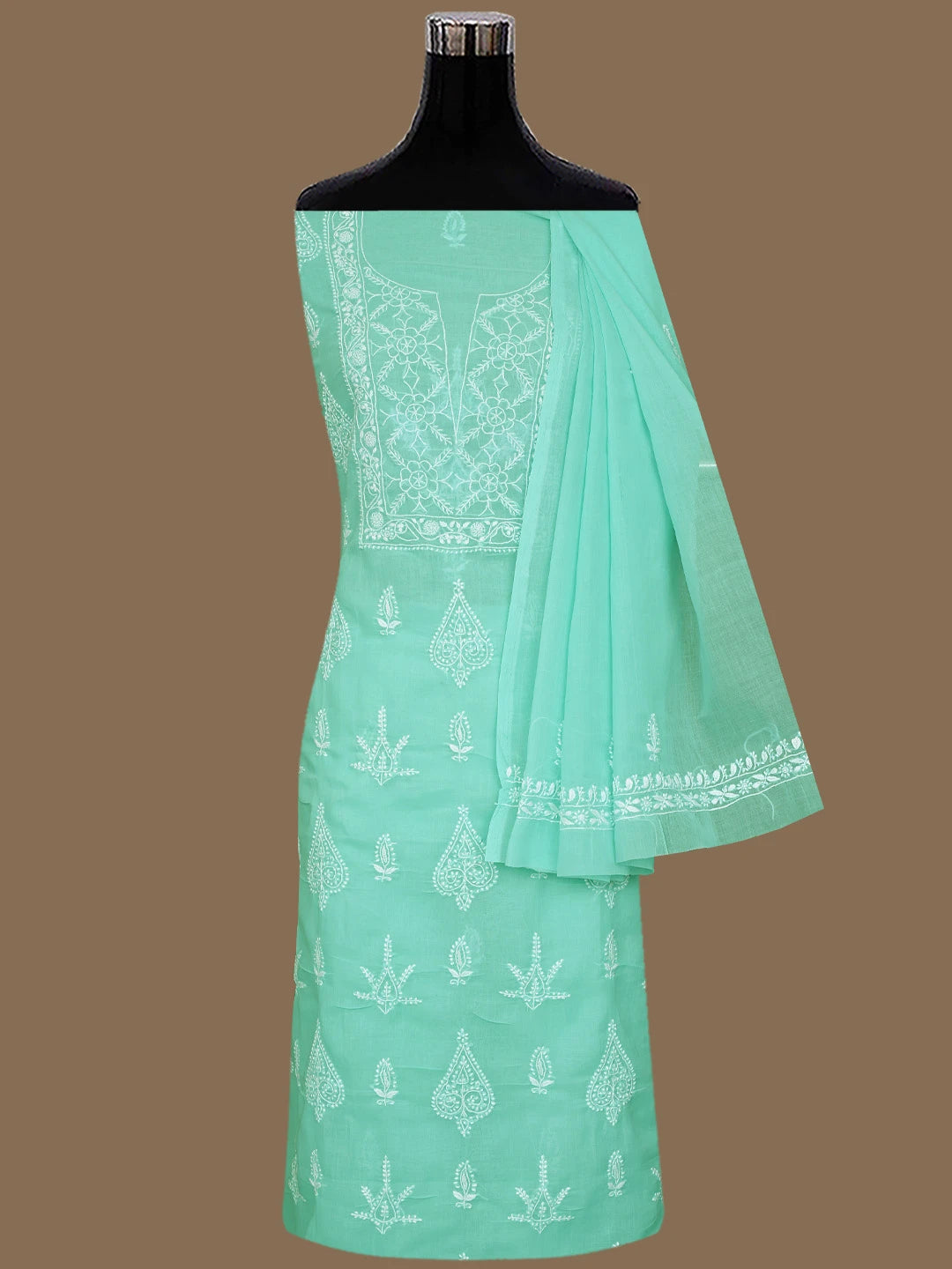 Ada Hand Embroidered Sea Green Cotton Lucknowi Chikankari Unstitched Suit Piece 01A595934