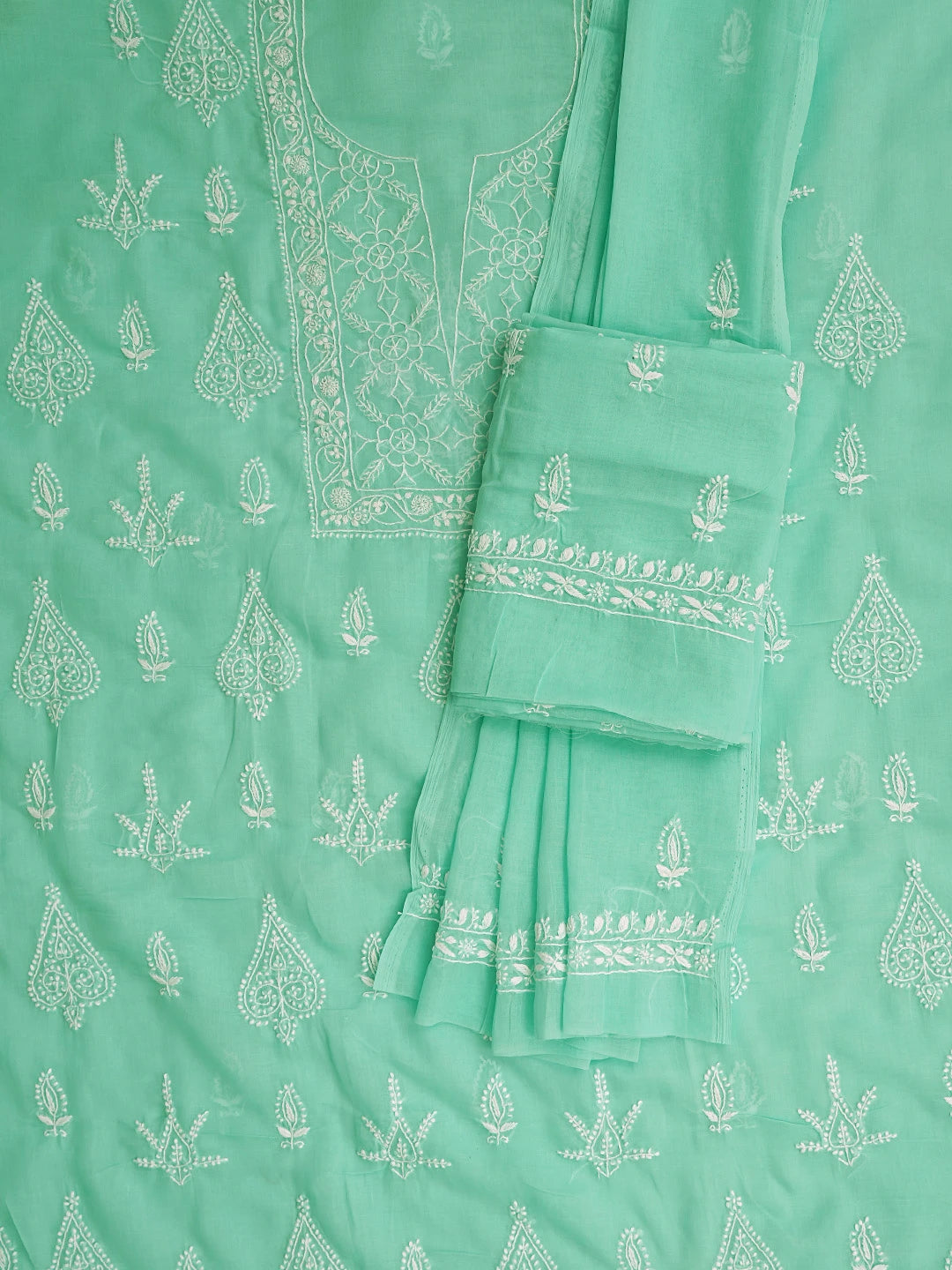 Ada Hand Embroidered Sea Green Cotton Lucknowi Chikankari Unstitched Suit Piece 01A595934