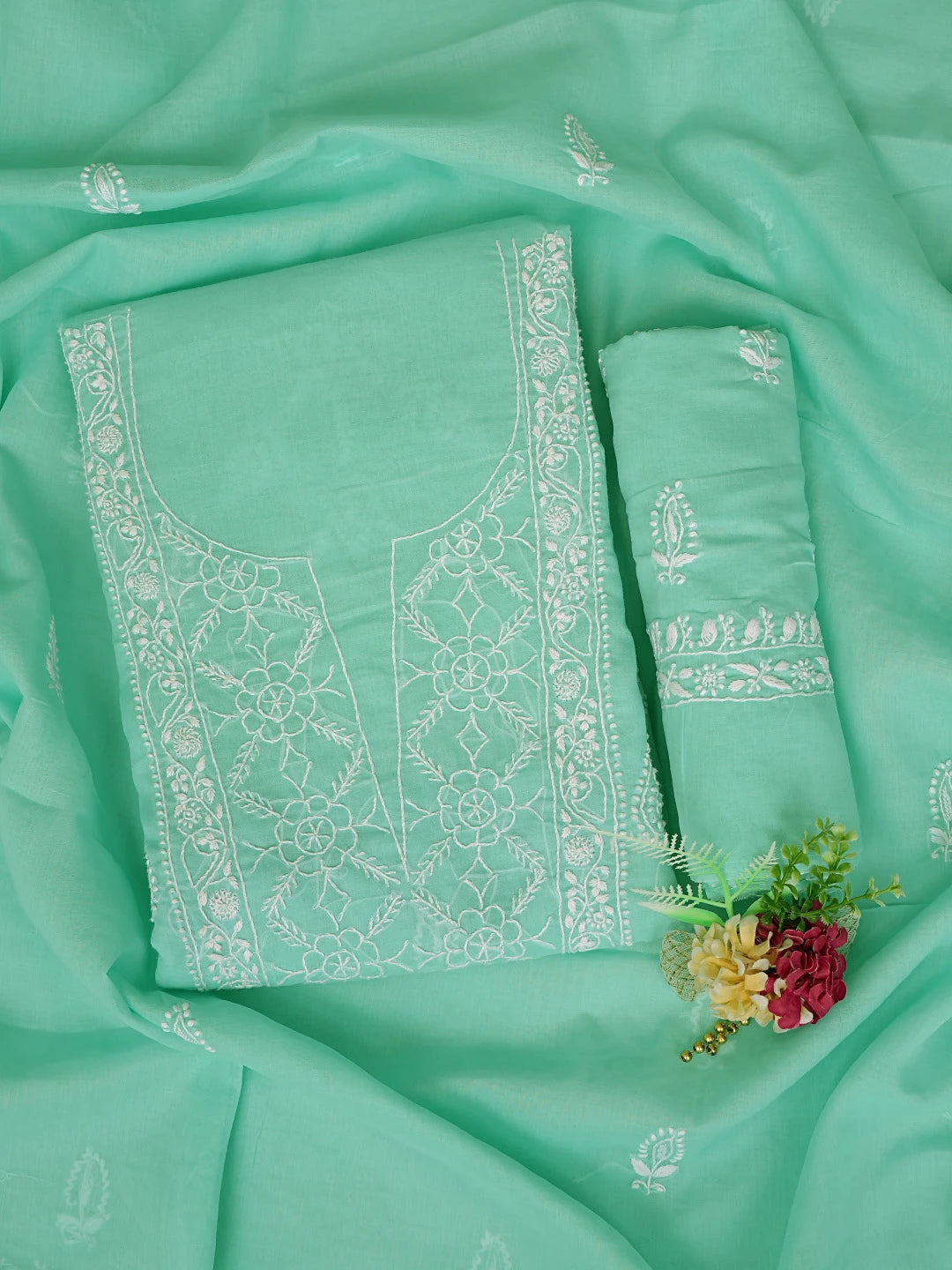 Ada Hand Embroidered Sea Green Cotton Lucknowi Chikankari Unstitched Suit Piece 01A595934