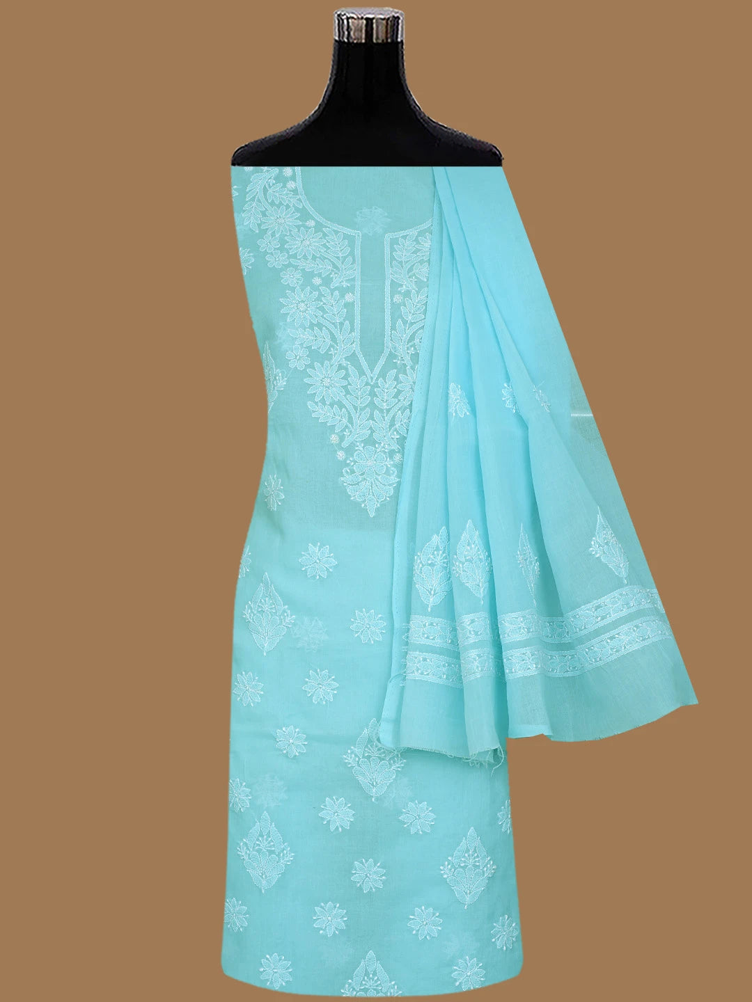 Ada Hand Embroidered Blue Cotton Lucknowi Chikankari Unstitched Suit Piece 01A670940