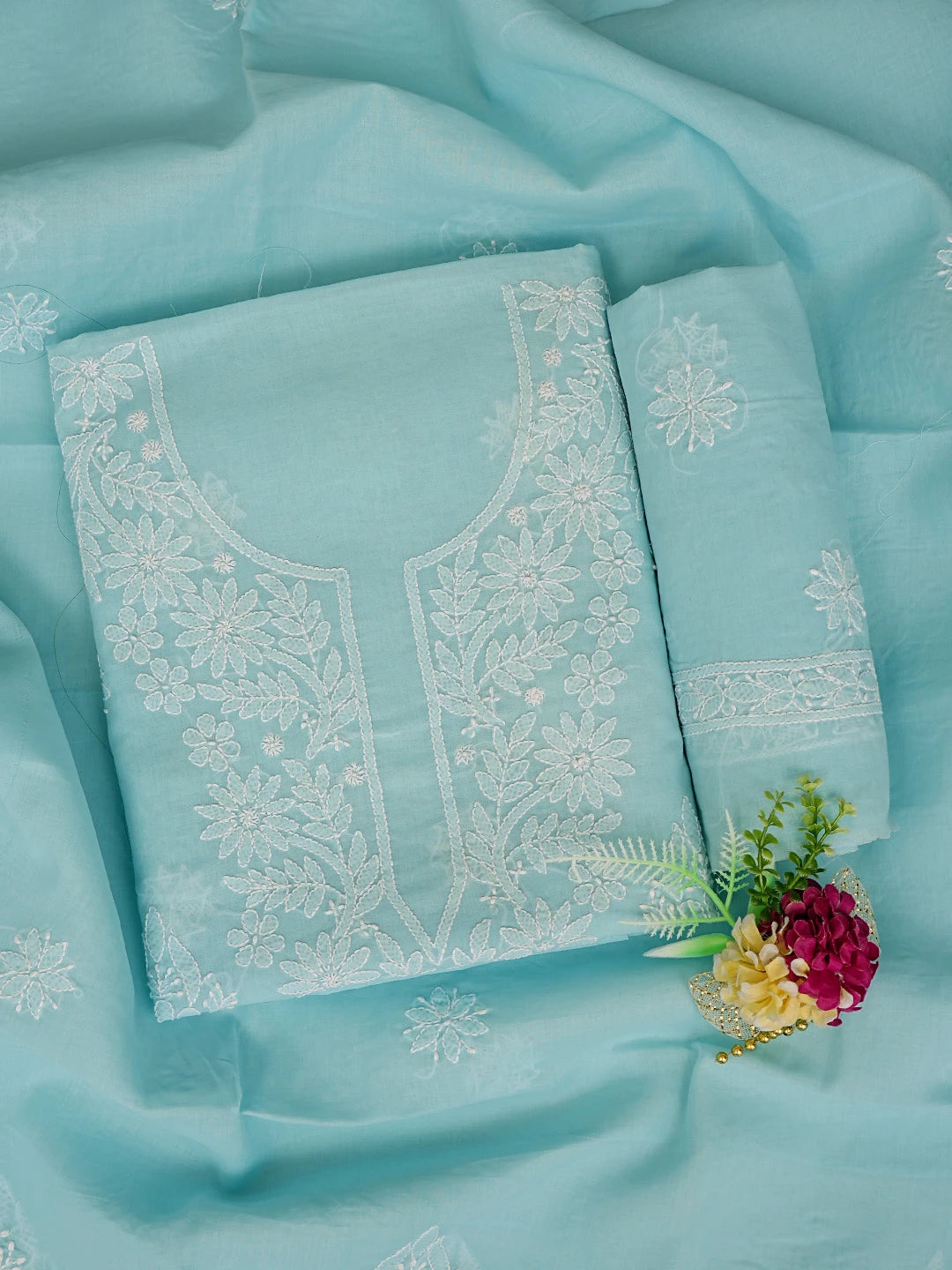 Ada Hand Embroidered Blue Cotton Lucknowi Chikankari Unstitched Suit Piece 01A670940