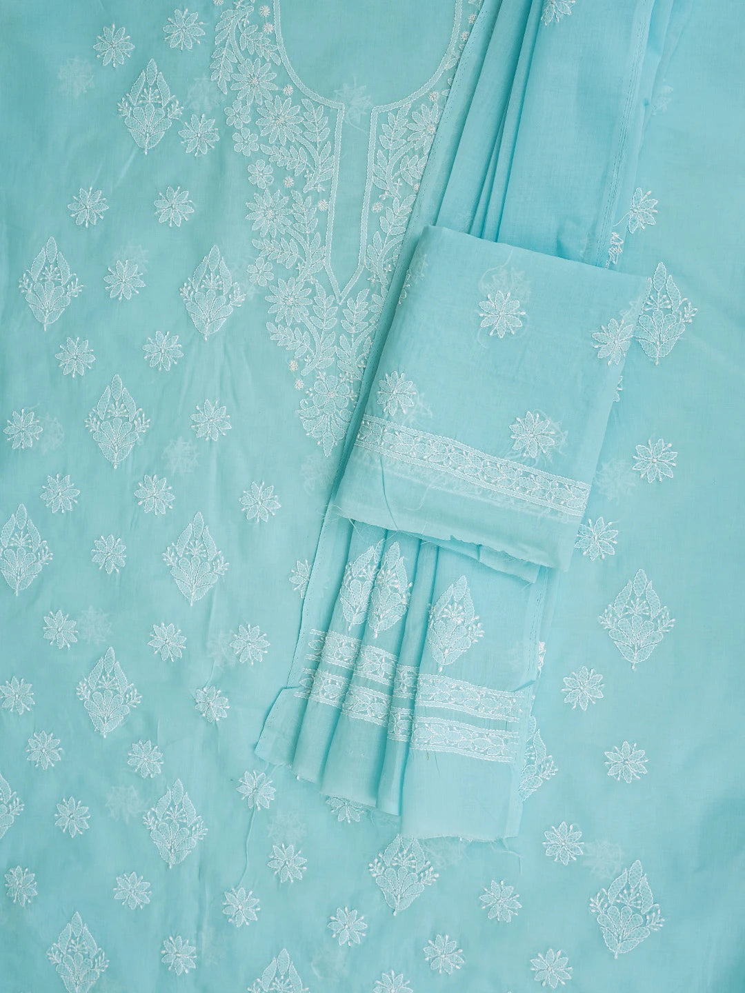 Ada Hand Embroidered Blue Cotton Lucknowi Chikankari Unstitched Suit Piece 01A670940