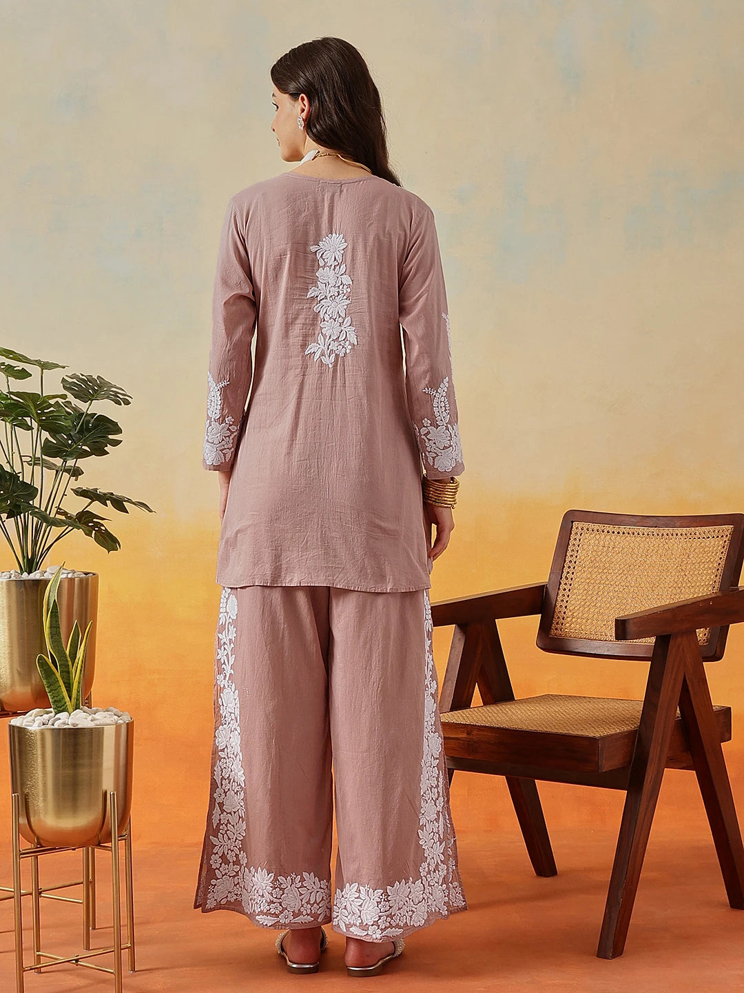 Ada Hand Embroidered Dusty Peach Cotton Lucknowi Chikankari Co-Ord Set A811346