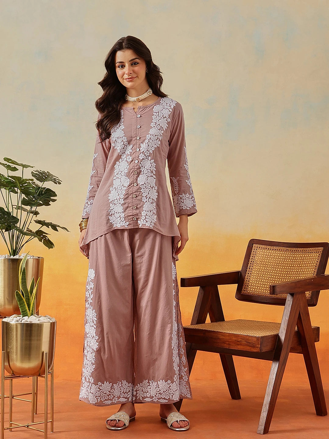Ada Hand Embroidered Dusty Peach Cotton Lucknowi Chikankari Co-Ord Set A811346