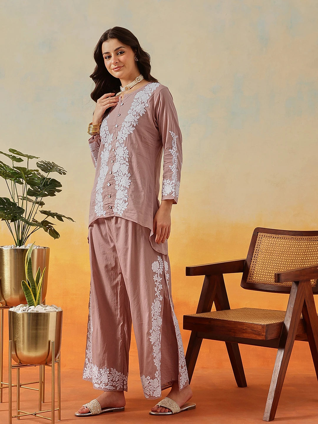 Ada Hand Embroidered Dusty Peach Cotton Lucknowi Chikankari Co-Ord Set A811346