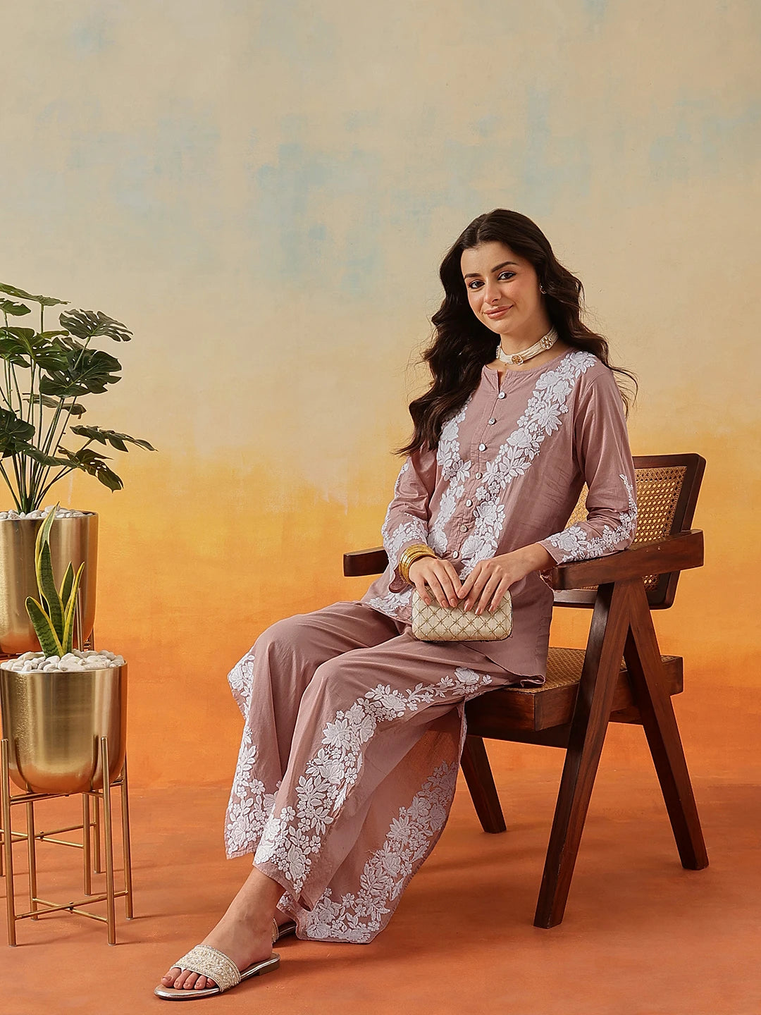 Ada Hand Embroidered Dusty Peach Cotton Lucknowi Chikankari Co-Ord Set A811346