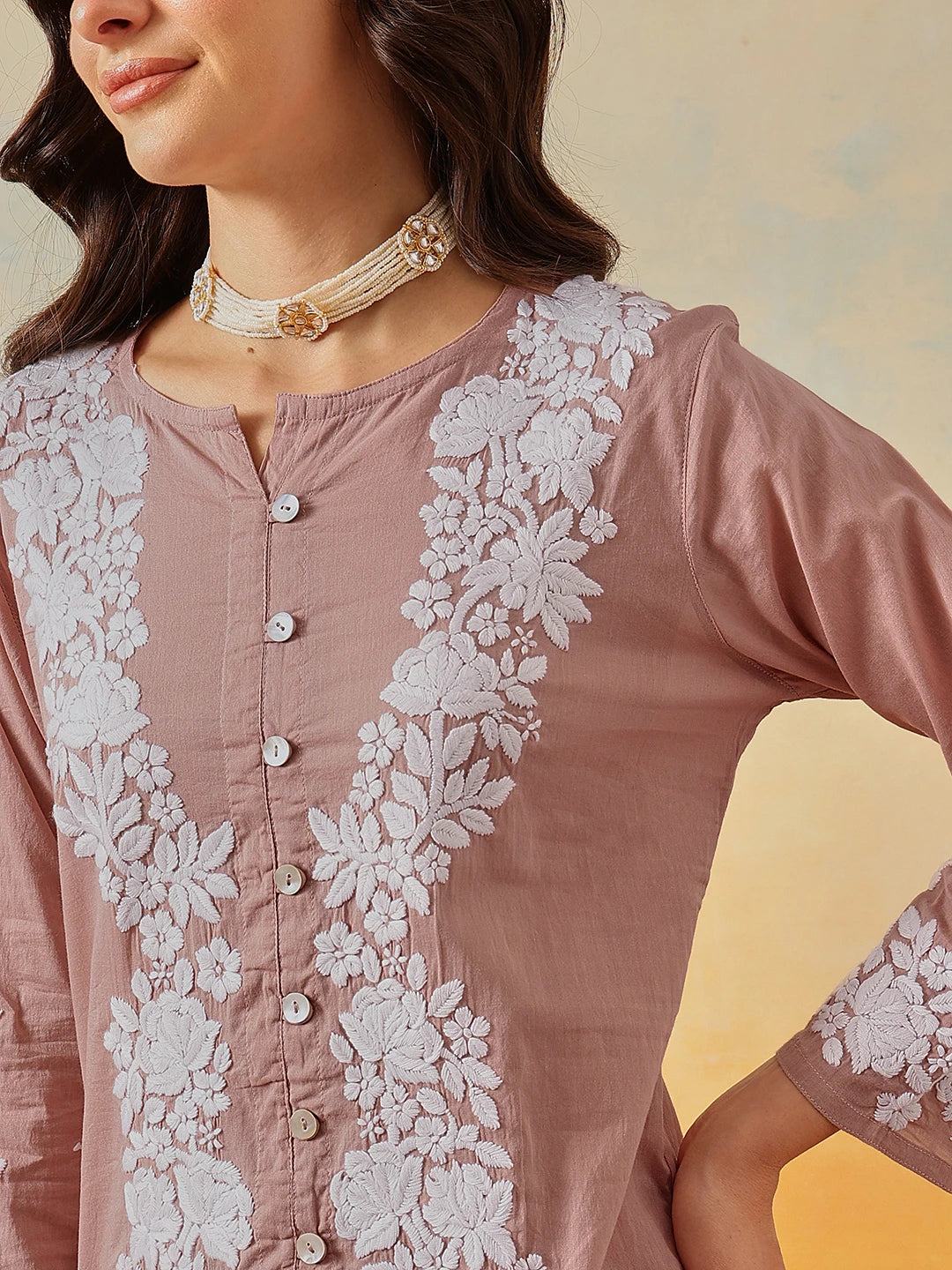 Ada Hand Embroidered Dusty Peach Cotton Lucknowi Chikankari Co-Ord Set A811346