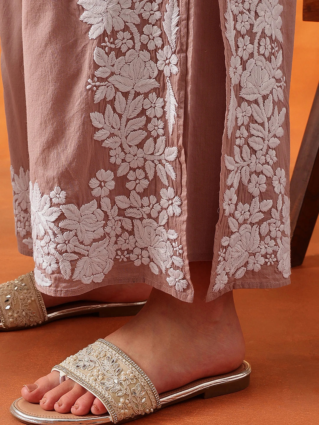 Ada Hand Embroidered Dusty Peach Cotton Lucknowi Chikankari Co-Ord Set A811346