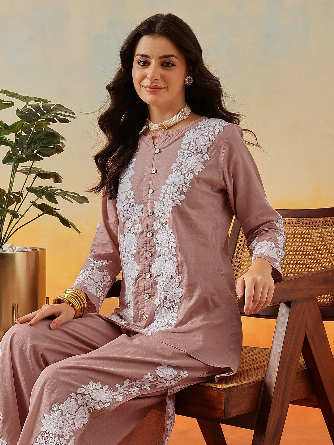 Ada Hand Embroidered Dusty Peach Cotton Lucknowi Chikankari Co-Ord Set A811346