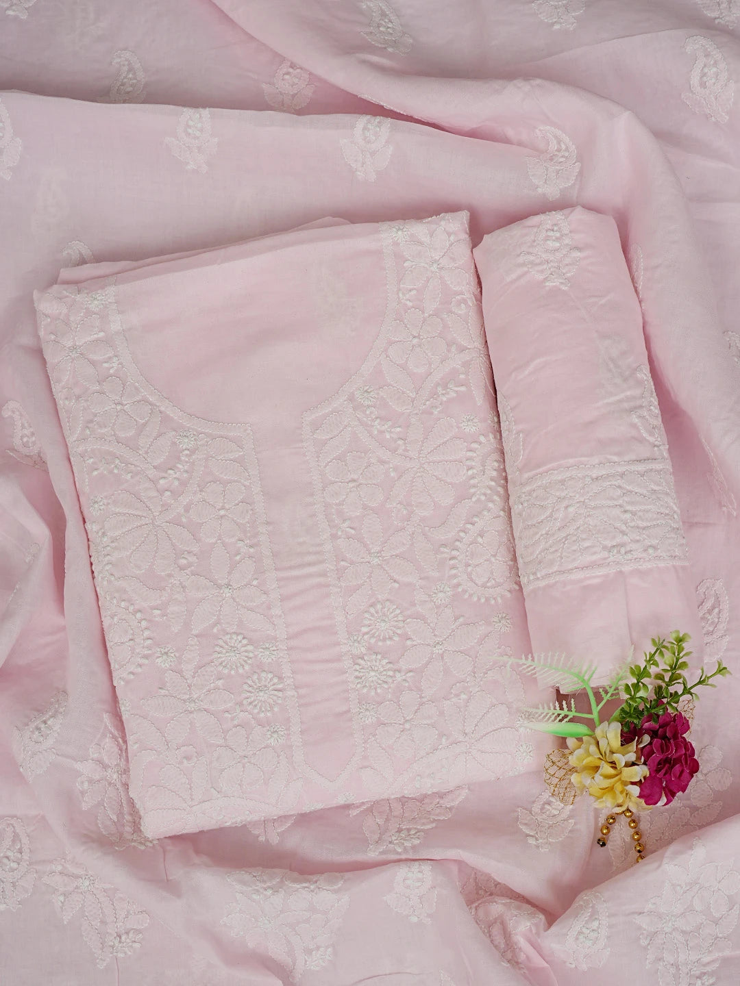 Ada Hand Embroidered Pink Cotton Lucknowi Chikankari Unstitched Suit Piece 01A764942