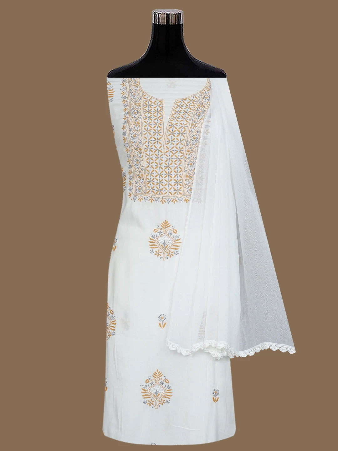 Ada Hand Embroidered White Cotton Lucknowi Chikankari Unstitched Suit Piece 01A396142