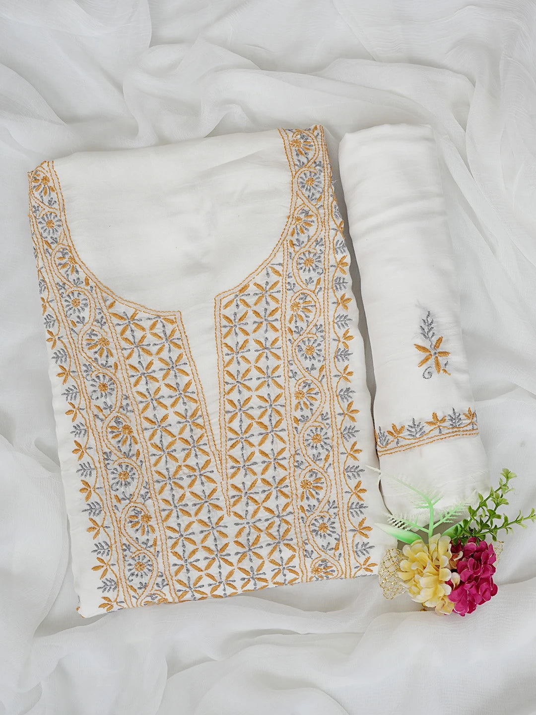 Ada Hand Embroidered White Cotton Lucknowi Chikankari Unstitched Suit Piece 01A396142