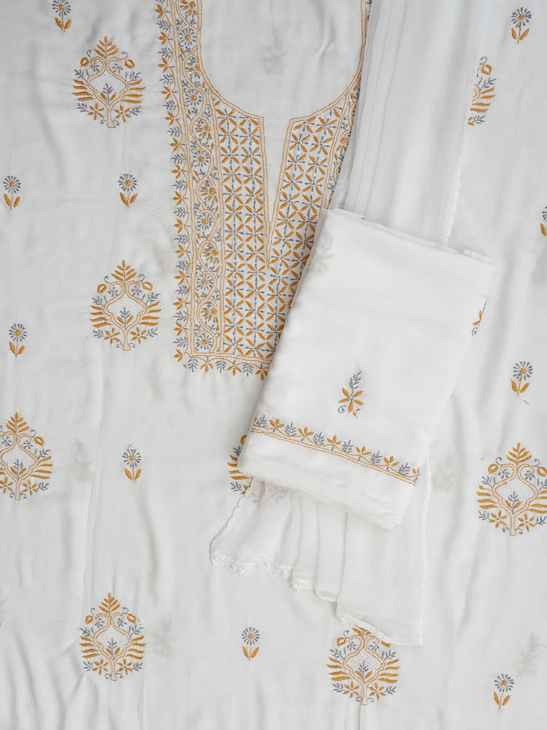 Ada Hand Embroidered White Cotton Lucknowi Chikankari Unstitched Suit Piece 01A396142