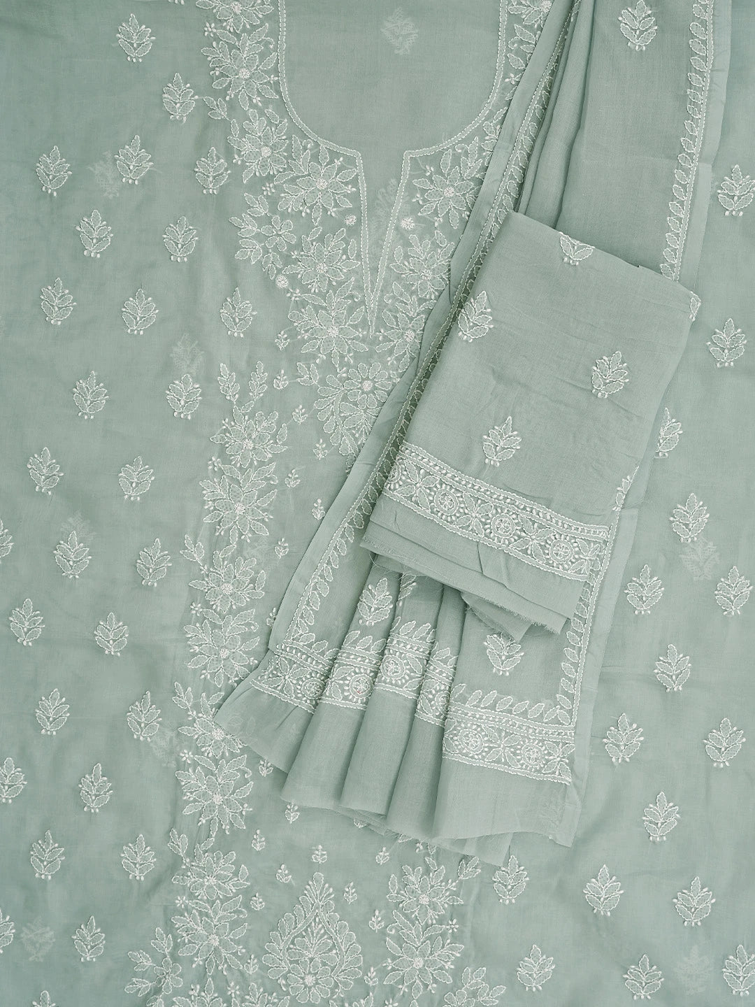 Ada Hand Embroidered Grey Cotton Lucknowi Chikankari Unstitched Suit Piece 01A791305
