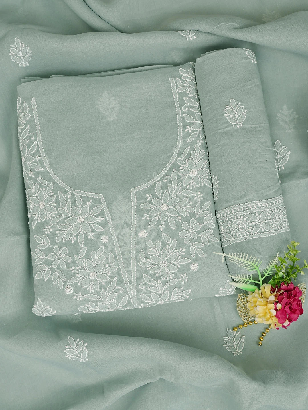 Ada Hand Embroidered Grey Cotton Lucknowi Chikankari Unstitched Suit Piece 01A791305