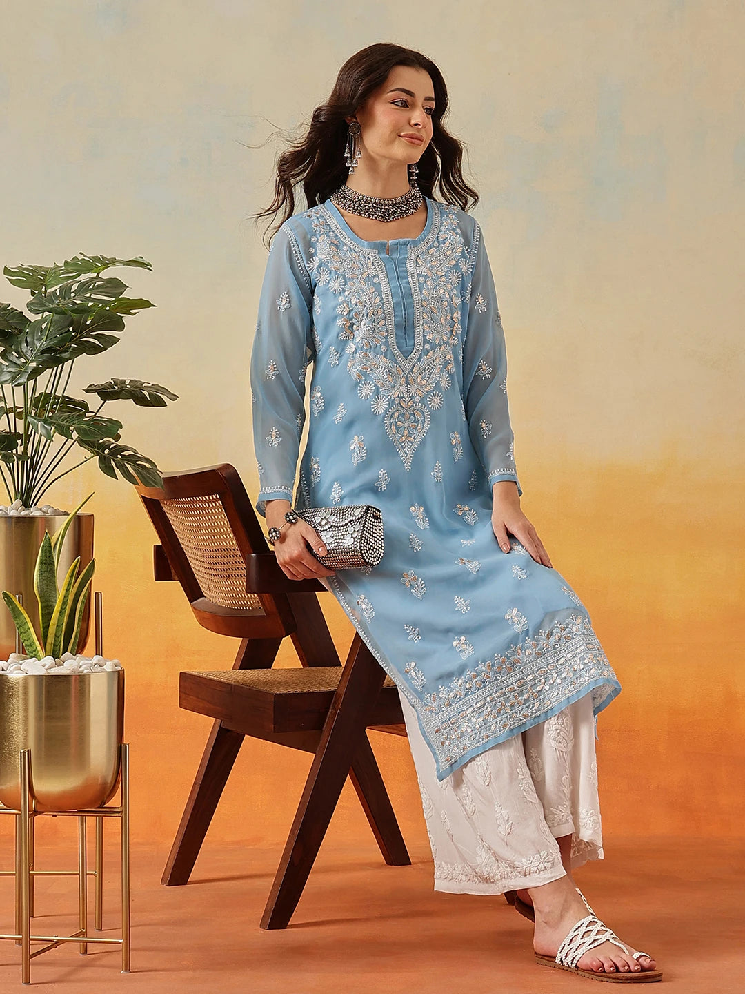 Ada Hand Embroidered Blue Georgette Lucknow Chikankari Kurta/Slip with Gota Patti Work A411366