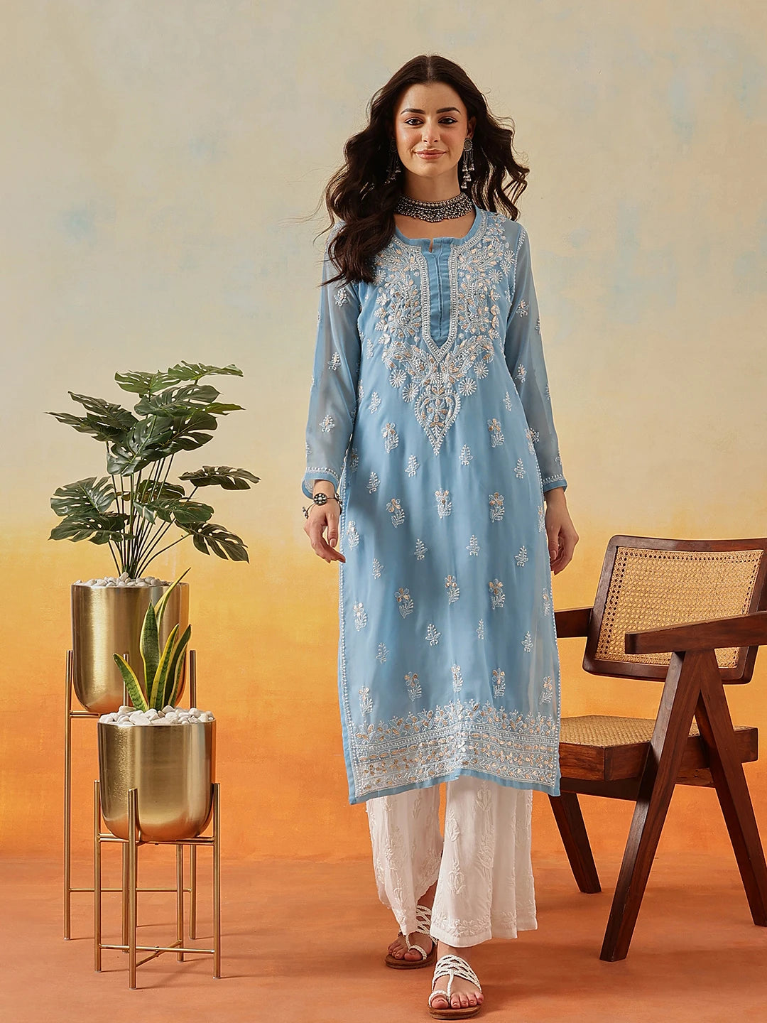 Ada Hand Embroidered Blue Georgette Lucknow Chikankari Kurta/Slip with Gota Patti Work A411366